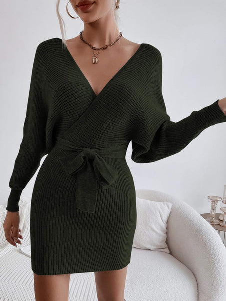 Open Back Wrap Sweater Dress