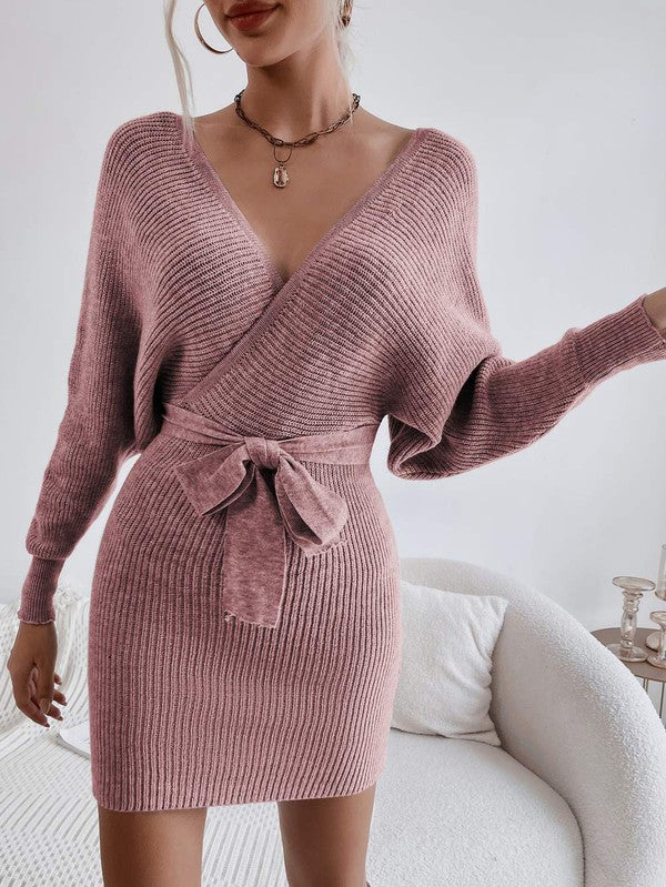 Open Back Wrap Sweater Dress